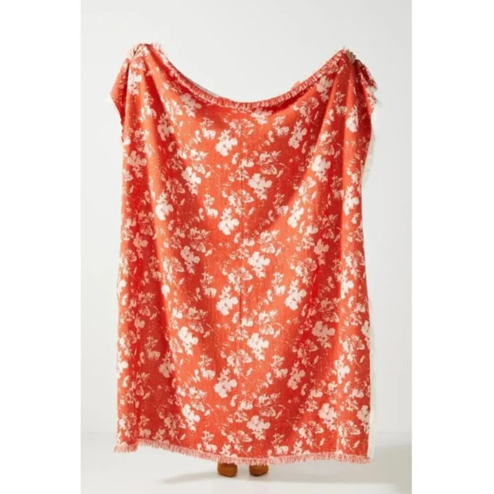 Anthropologie Large Floral Chenille Throw Blanket Orange Fringe Plush